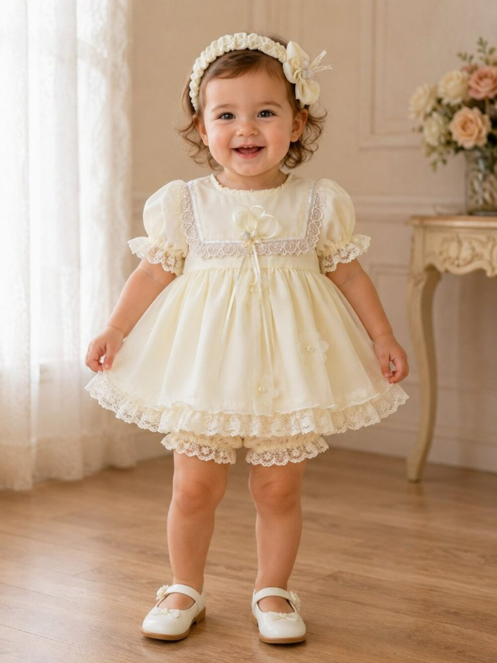 NWT Baby 12Month Ivory Christening Dress Bloomers Headband Baptism Set